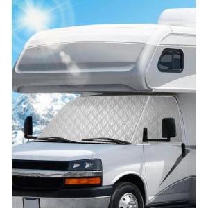 imageRV Windshield Cover for Chevy Motorhome 20012020 Thick Oxford Front Window Sunshade Class C RV Windshield Cover for Ice ampamp Snow Gray with Mirror CutoutsWhite  Polyester